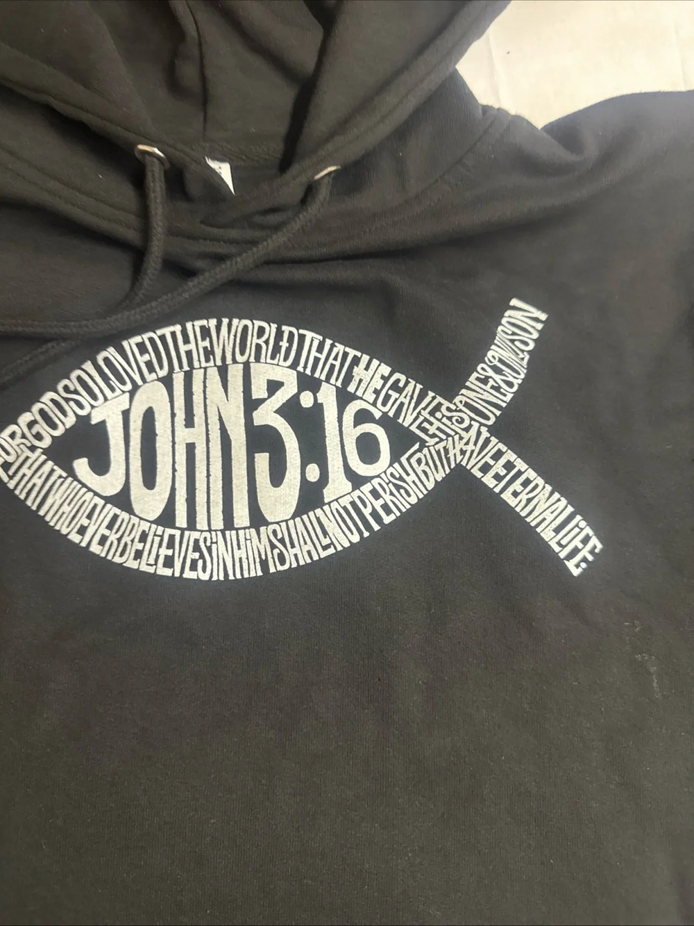 Black Hoodie with White John 3:16 Fish Graphic